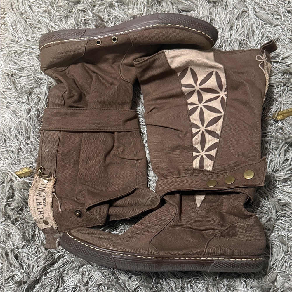 Chintamani Flower of Life Brown Handmade Canvas Low Boots Size 41